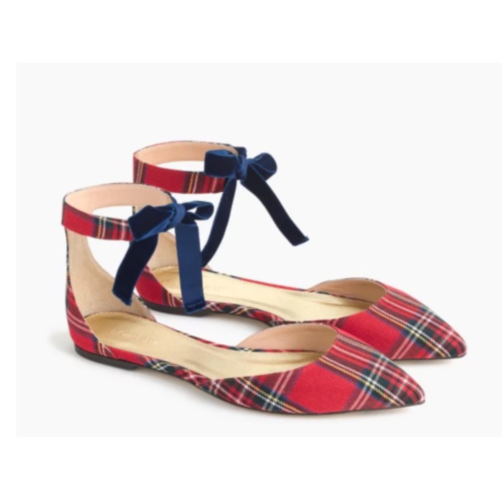 J. CREW NWOT Christmas Red & Blue Festive Plaid Velvet Strap Pointy Toe Flats 7